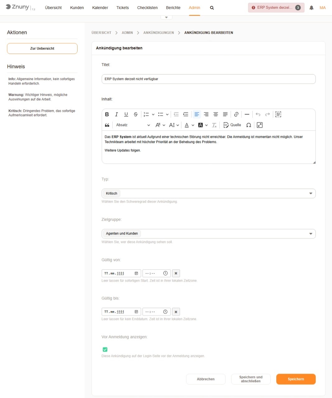 Ankündigung bearbeiten