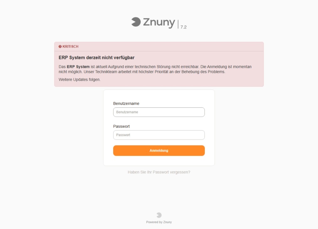 Ankündigung auf der Agent-Login-Seite