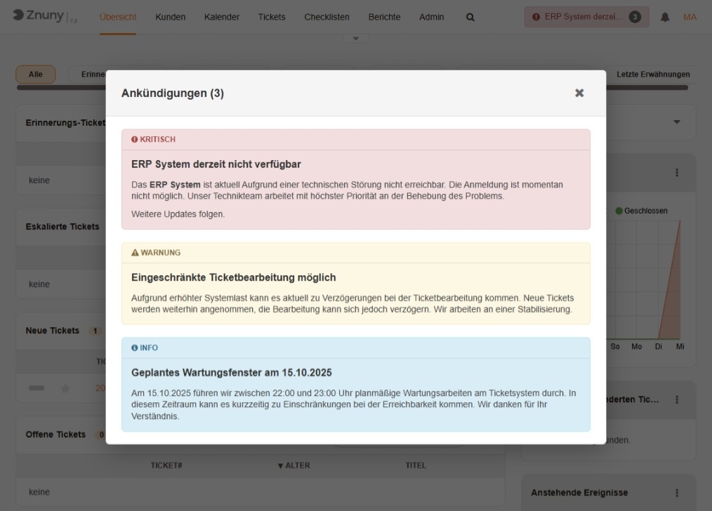 Ankündigungen im Agent-Interface