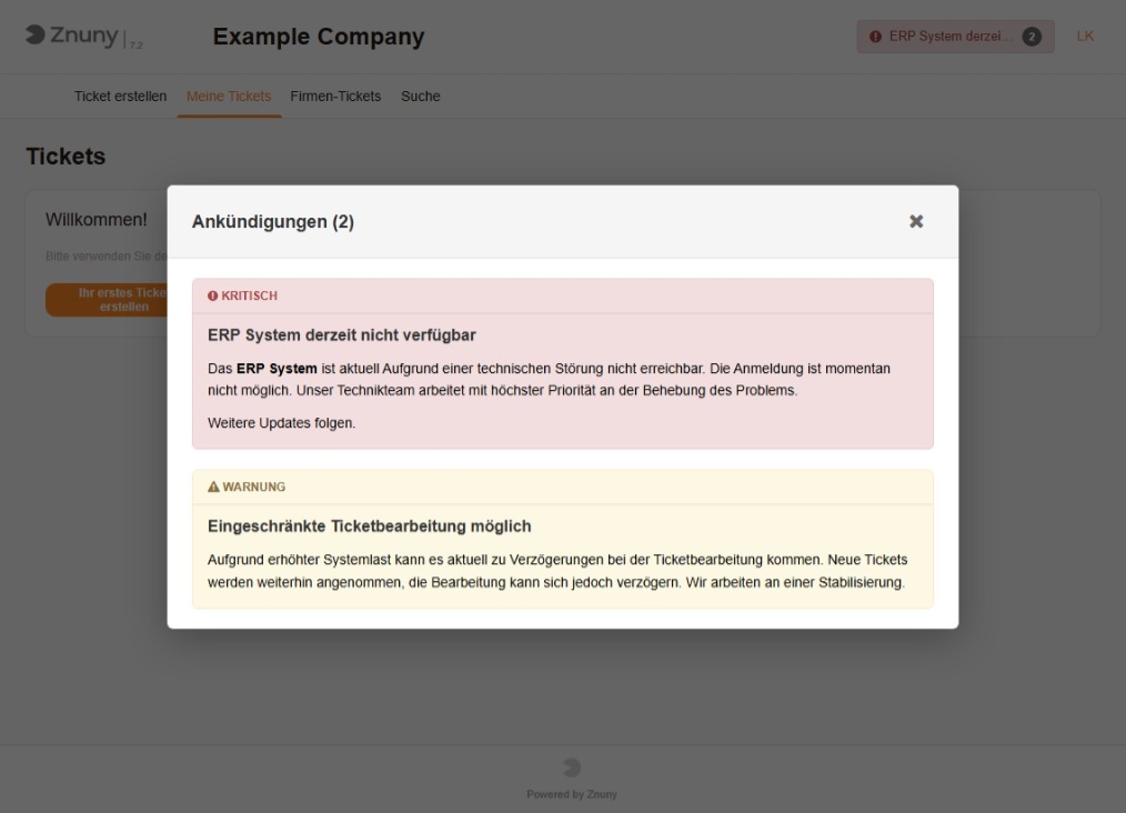 Overlay mit allen Ankündigungen im Customer-Interface
